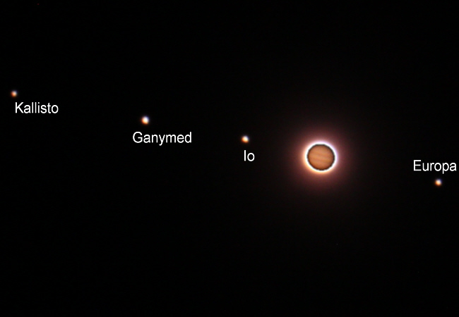 Belichtungsreihe sichtbarer Monde aller vier Riesenplaneten